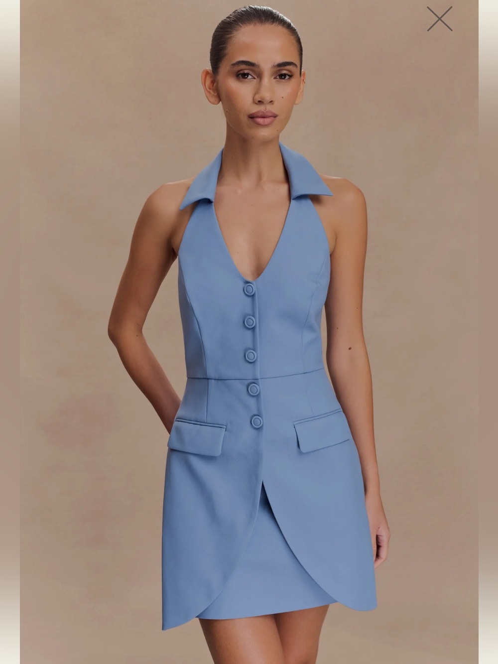 Meshki brand new never worn Powder Blue Halter Collar Button Mini Dress